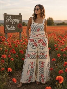 Bohemian Cream & Red Floral Wide-Leg Jumpsuit